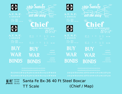 Santa Fe 40 Ft Single Door Boxcar White Chief Buy War Bonds - Decal - Choose Scale