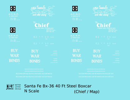 Santa Fe 40 Ft Single Door Boxcar White Chief Buy War Bonds - Decal - Choose Scale