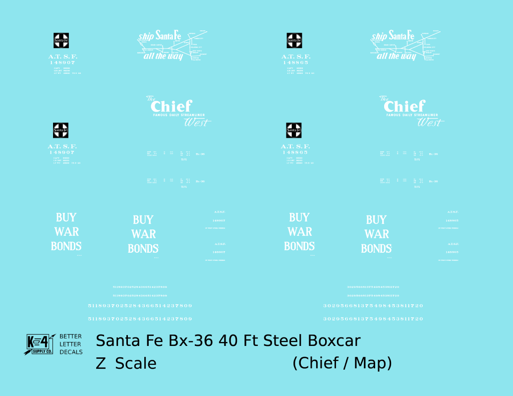 Santa Fe 40 Ft Single Door Boxcar White Chief Buy War Bonds - Decal - Choose Scale