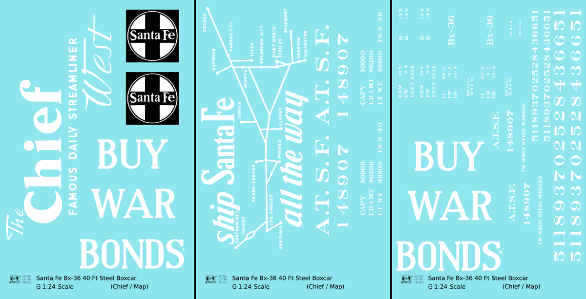 Santa Fe 40 Ft Single Door Boxcar White Chief Buy War Bonds - Decal - Choose Scale