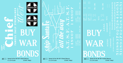 Santa Fe 40 Ft Single Door Boxcar White Chief Buy War Bonds - Decal - Choose Scale