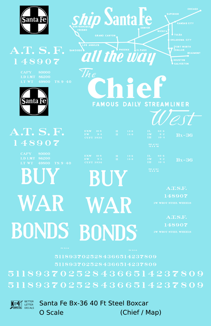 Santa Fe 40 Ft Single Door Boxcar White Chief Buy War Bonds - Decal Sheet