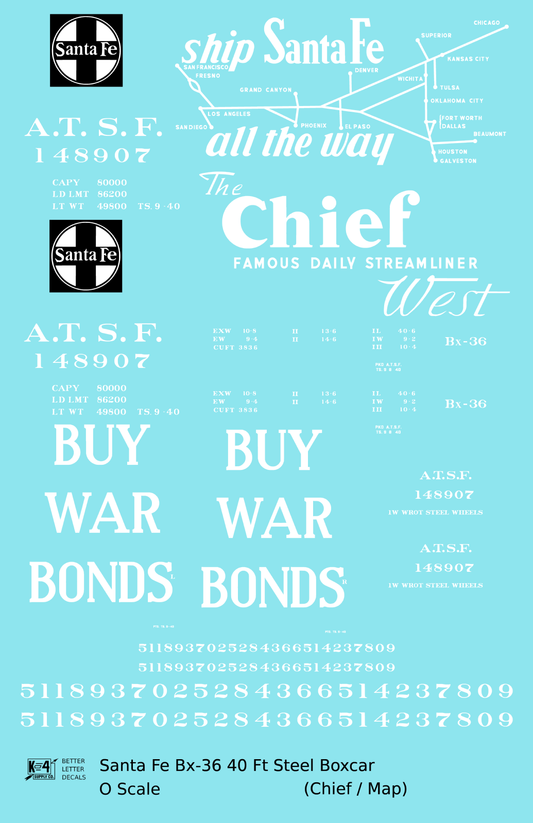 Santa Fe 40 Ft Single Door Boxcar White Chief Buy War Bonds - Decal Sheet
