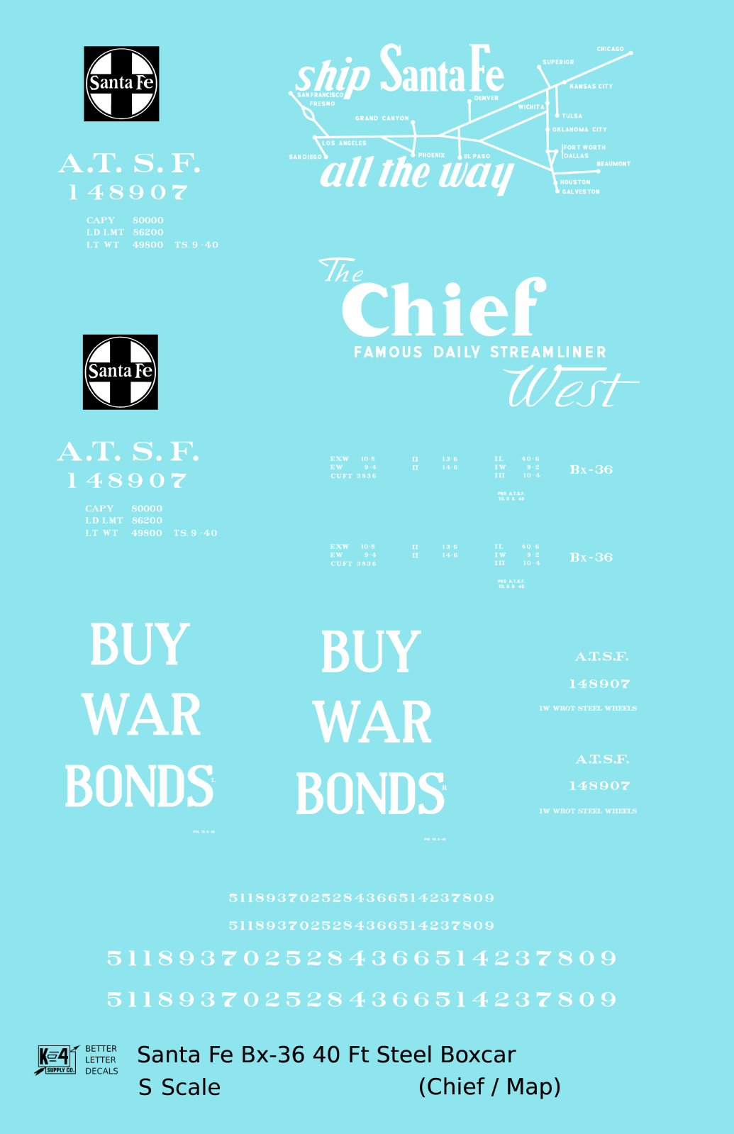 Santa Fe 40 Ft Single Door Boxcar White Chief Buy War Bonds - Decal - Choose Scale