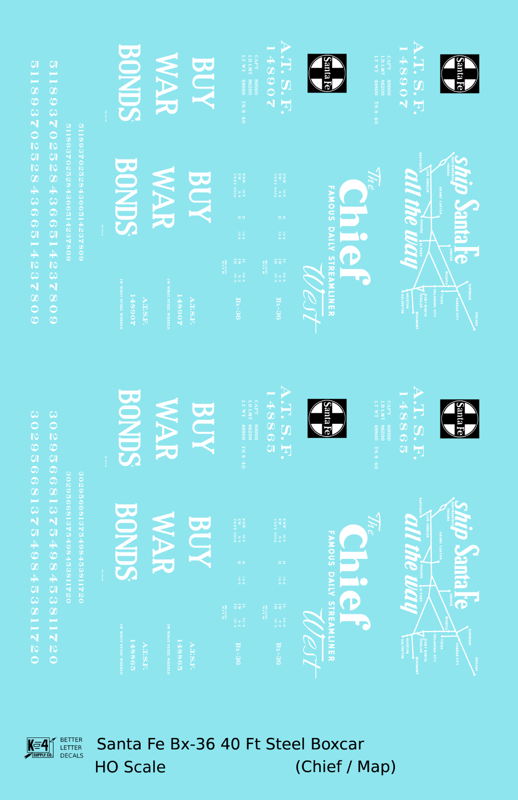 Santa Fe 40 Ft Single Door Boxcar White Chief Buy War Bonds - Decal - Choose Scale