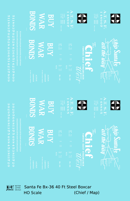Santa Fe 40 Ft Single Door Boxcar White Chief Buy War Bonds - Decal - Choose Scale