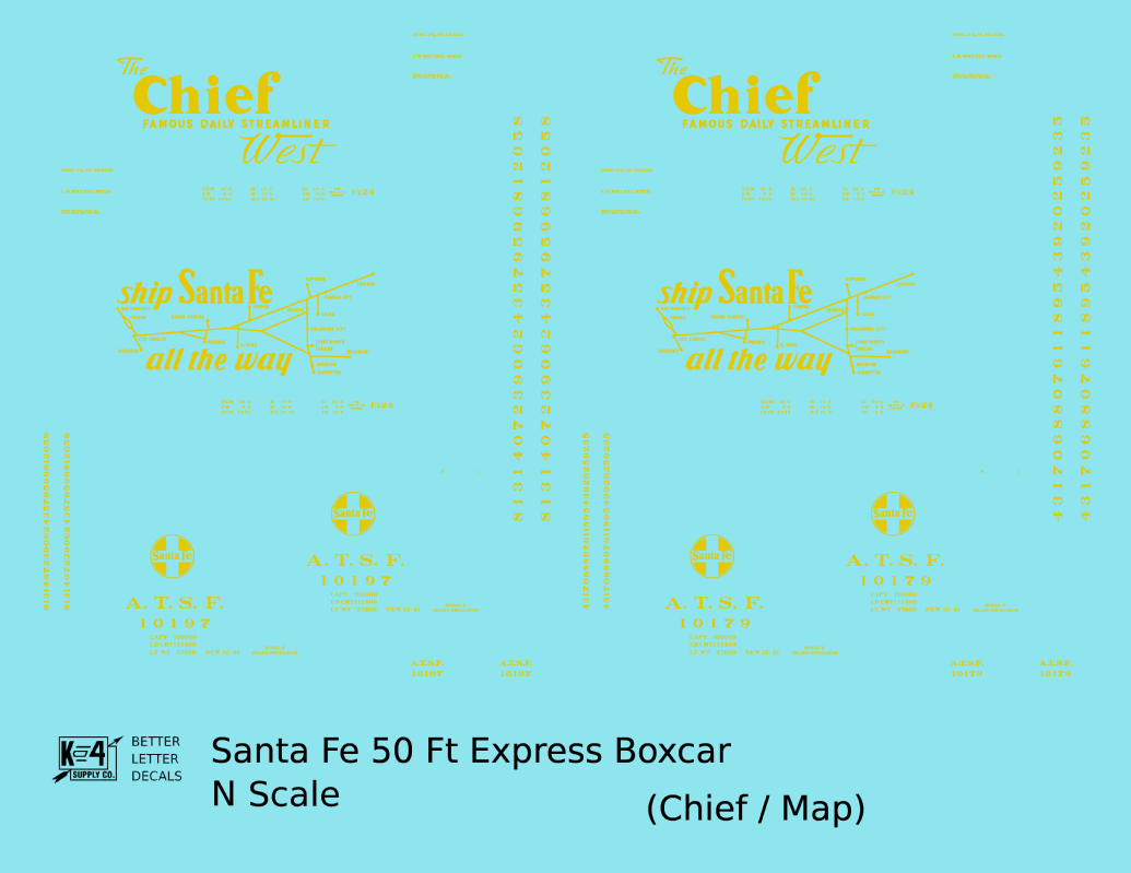 Santa Fe 50 Ft Double Door Express Boxcar Dulux Gold Chief/Map - Decal - Choose Scale