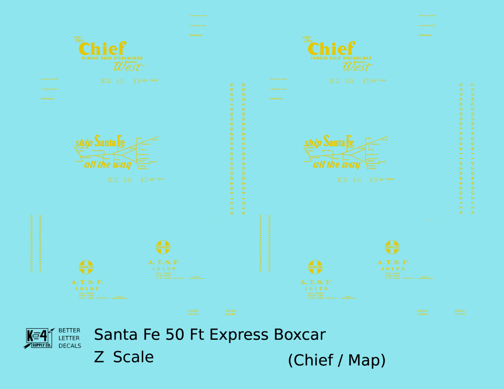 Santa Fe 50 Ft Double Door Express Boxcar Dulux Gold Chief/Map - Decal - Choose Scale