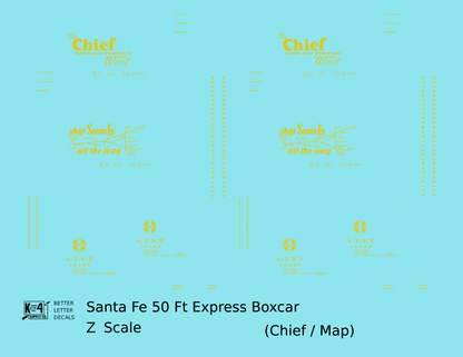 Santa Fe 50 Ft Double Door Express Boxcar Dulux Gold Chief/Map - Decal - Choose Scale