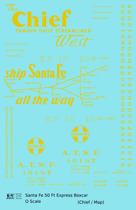 Santa Fe 50 Ft Double Door Express Boxcar Dulux Gold Chief/Map - Decal Sheet