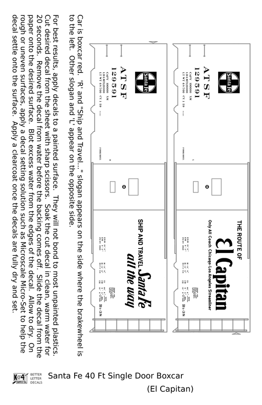 Santa Fe 40 Ft Single Door Boxcar White El Capitan - Decal