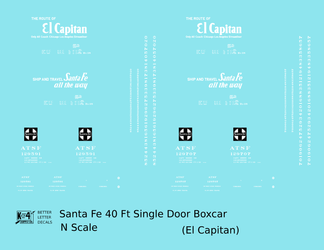 Santa Fe 40 Ft Single Door Boxcar White El Capitan - Decal - Choose Scale