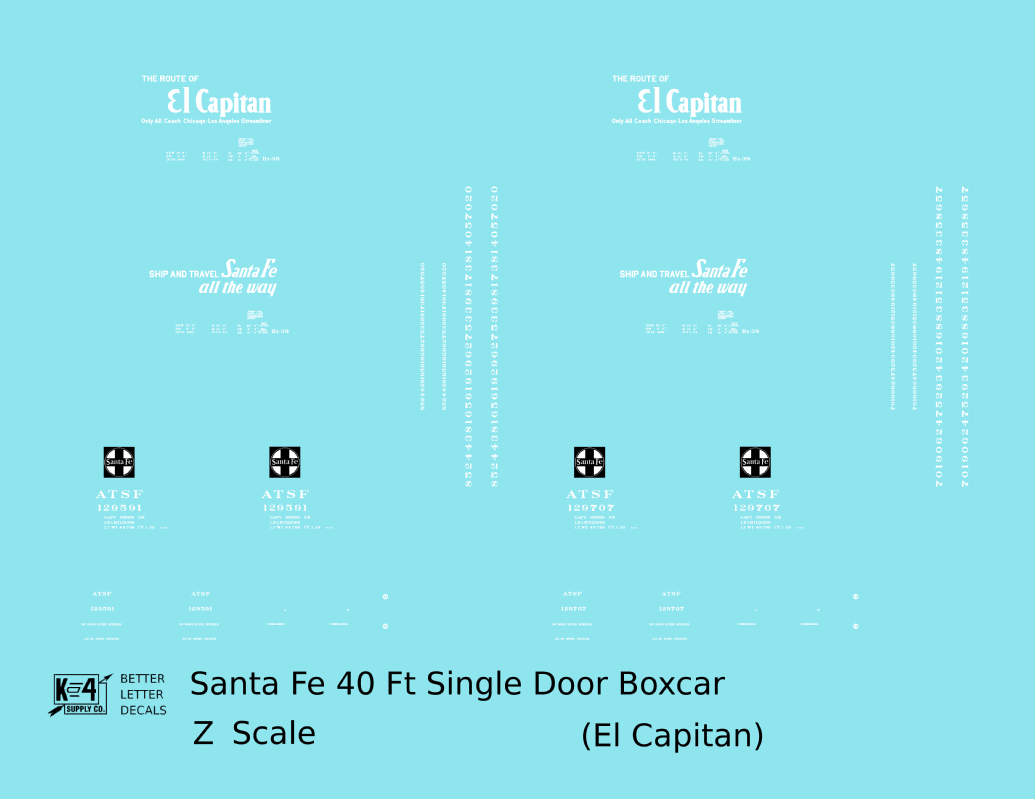 Santa Fe 40 Ft Single Door Boxcar White El Capitan - Decal - Choose Scale