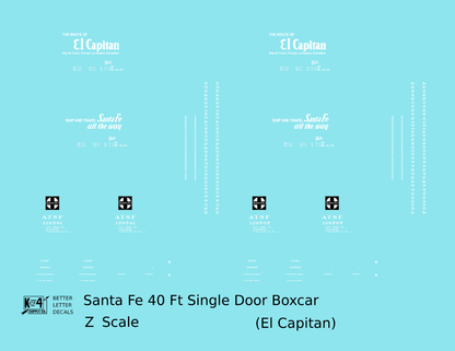 Santa Fe 40 Ft Single Door Boxcar White El Capitan - Decal - Choose Scale