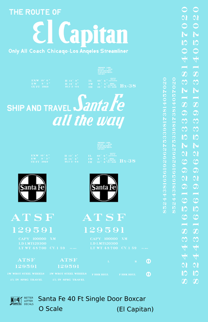 Santa Fe 40 Ft Single Door Boxcar White El Capitan - Decal - Choose Scale