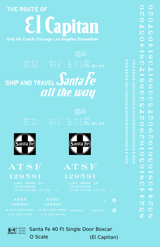 Santa Fe 40 Ft Single Door Boxcar White El Capitan - Decal Sheet