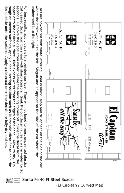 Santa Fe 40 Ft Single Door Boxcar White El Capitan Curvy Map - Decal