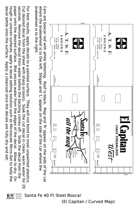 Santa Fe 40 Ft Single Door Boxcar White El Capitan Curvy Map - Decal