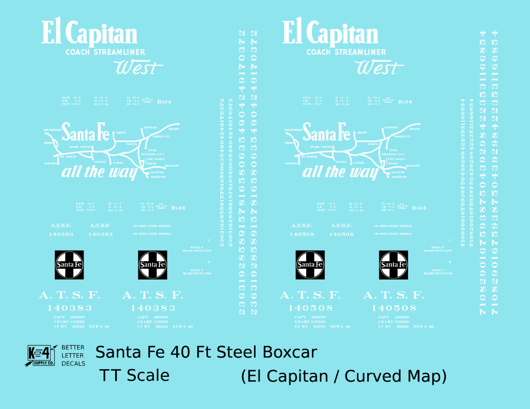 Santa Fe 40 Ft Single Door Boxcar White El Capitan Curvy Map - Decal - Choose Scale