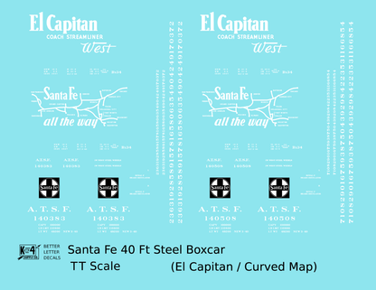 Santa Fe 40 Ft Single Door Boxcar White El Capitan Curvy Map - Decal - Choose Scale