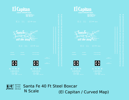 Santa Fe 40 Ft Single Door Boxcar White El Capitan Curvy Map - Decal - Choose Scale