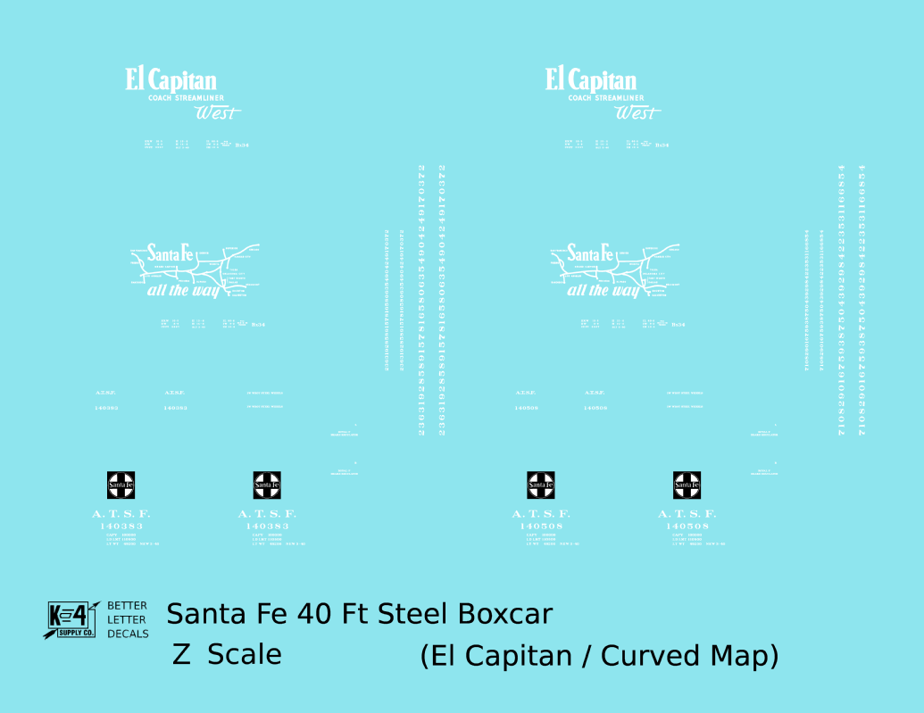 Santa Fe 40 Ft Single Door Boxcar White El Capitan Curvy Map - Decal - Choose Scale