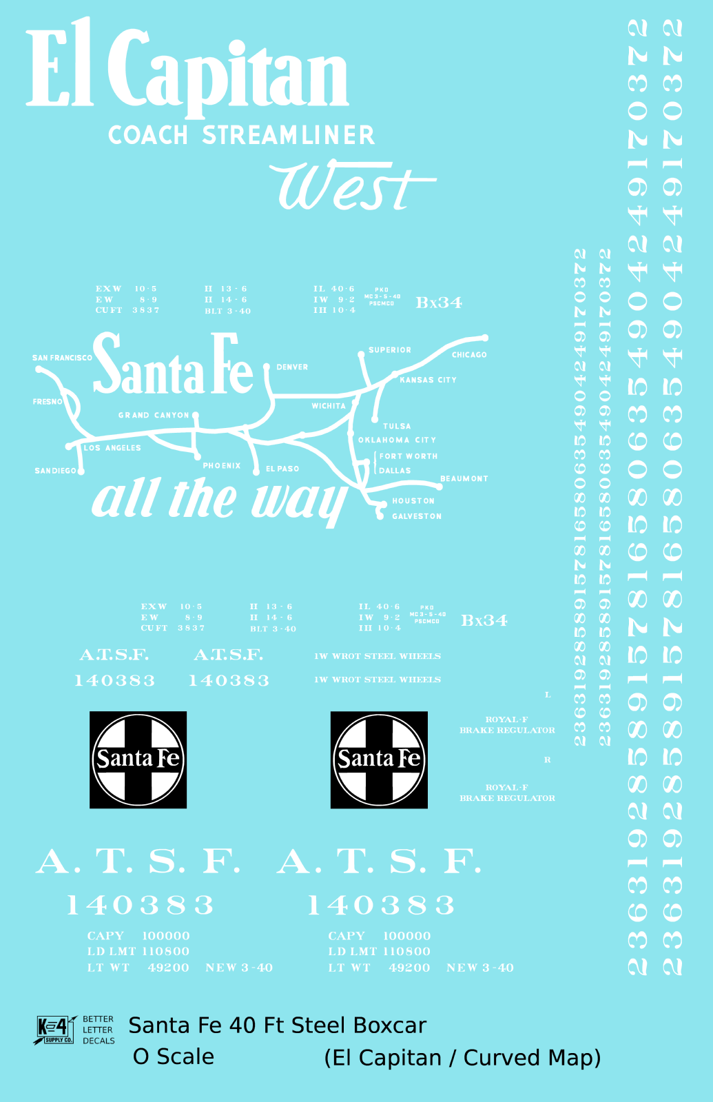 Santa Fe 40 Ft Single Door Boxcar White El Capitan Curvy Map - Decal Sheet