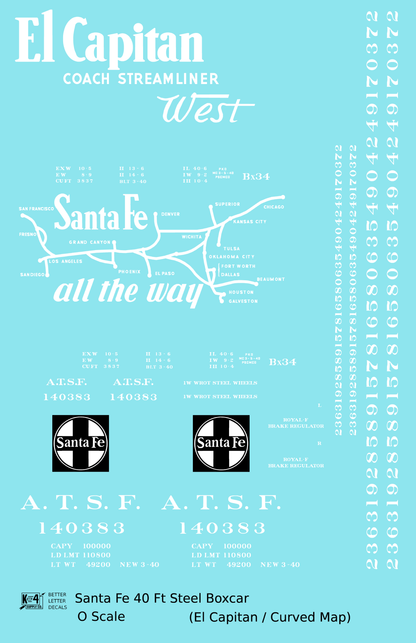 Santa Fe 40 Ft Single Door Boxcar White El Capitan Curvy Map - Decal Sheet
