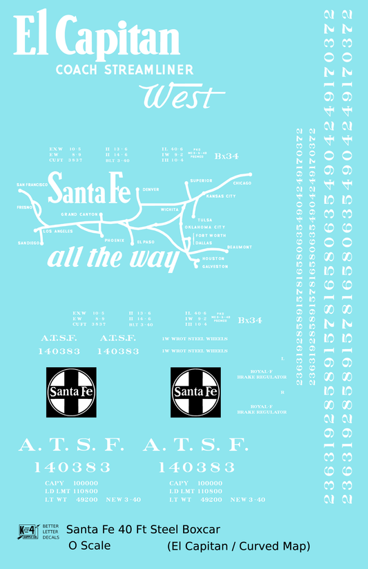 Santa Fe 40 Ft Single Door Boxcar White El Capitan Curvy Map - Decal Sheet