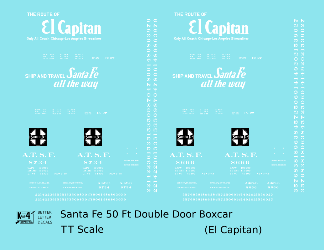 Santa Fe 50 Ft Double Door Boxcar White El Capitan - Decal - Choose Scale