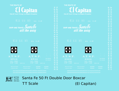 Santa Fe 50 Ft Double Door Boxcar White El Capitan - Decal - Choose Scale