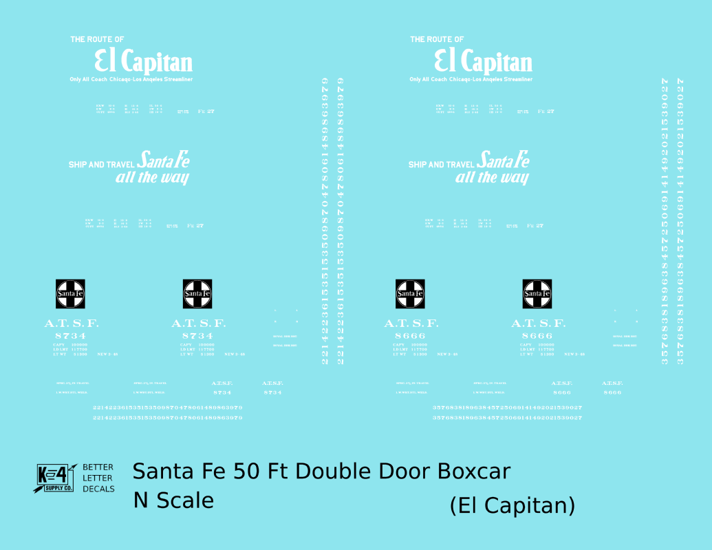 Santa Fe 50 Ft Double Door Boxcar White El Capitan - Decal - Choose Scale