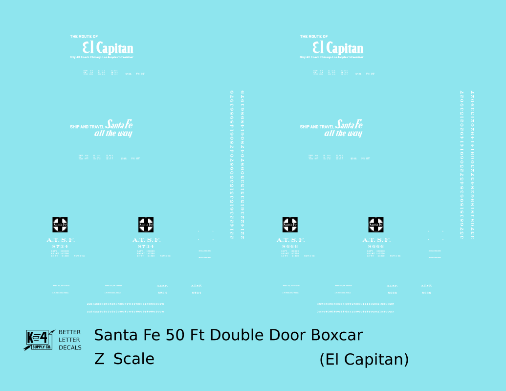 Santa Fe 50 Ft Double Door Boxcar White El Capitan - Decal - Choose Scale