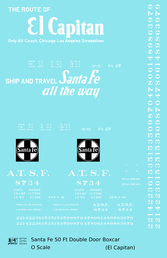Santa Fe 50 Ft Double Door Boxcar White El Capitan - Decal Sheet