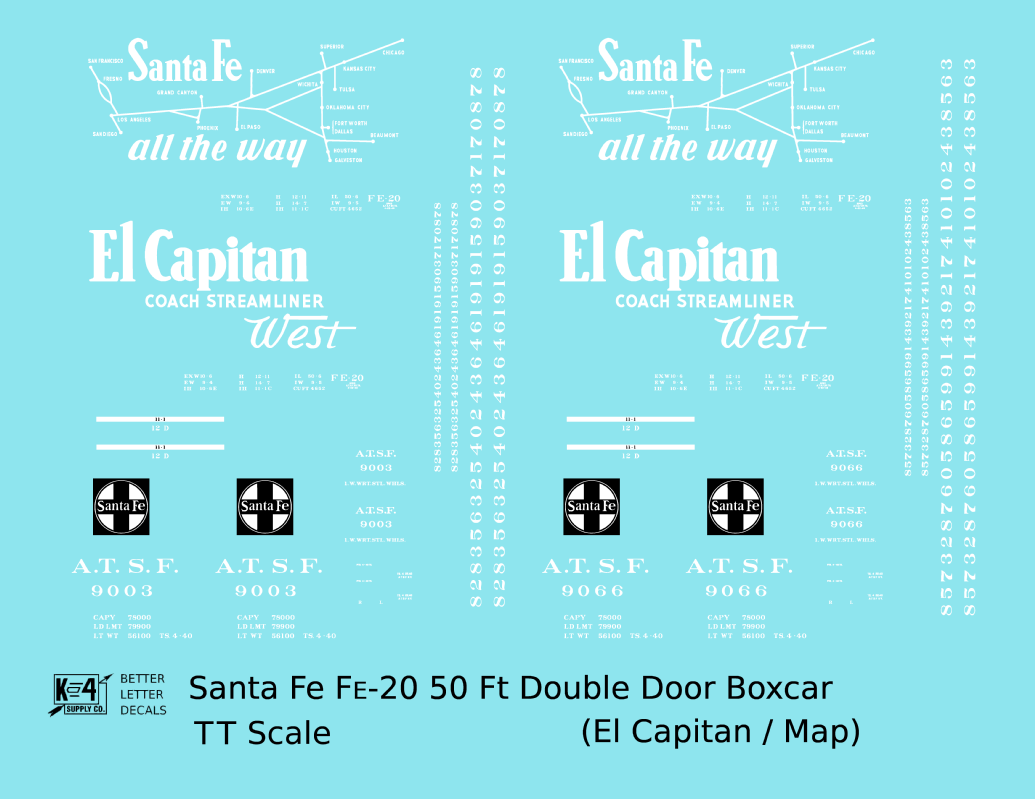 Santa Fe 50 Ft Double Door Fe-20 Boxcar White El Capitan/Map - Decal - Choose Scale
