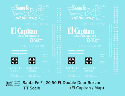 Santa Fe 50 Ft Double Door Fe-20 Boxcar White El Capitan/Map - Decal - Choose Scale