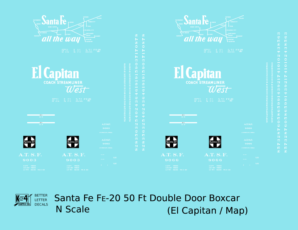 Santa Fe 50 Ft Double Door Fe-20 Boxcar White El Capitan/Map - Decal - Choose Scale