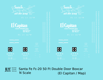 Santa Fe 50 Ft Double Door Fe-20 Boxcar White El Capitan/Map - Decal - Choose Scale