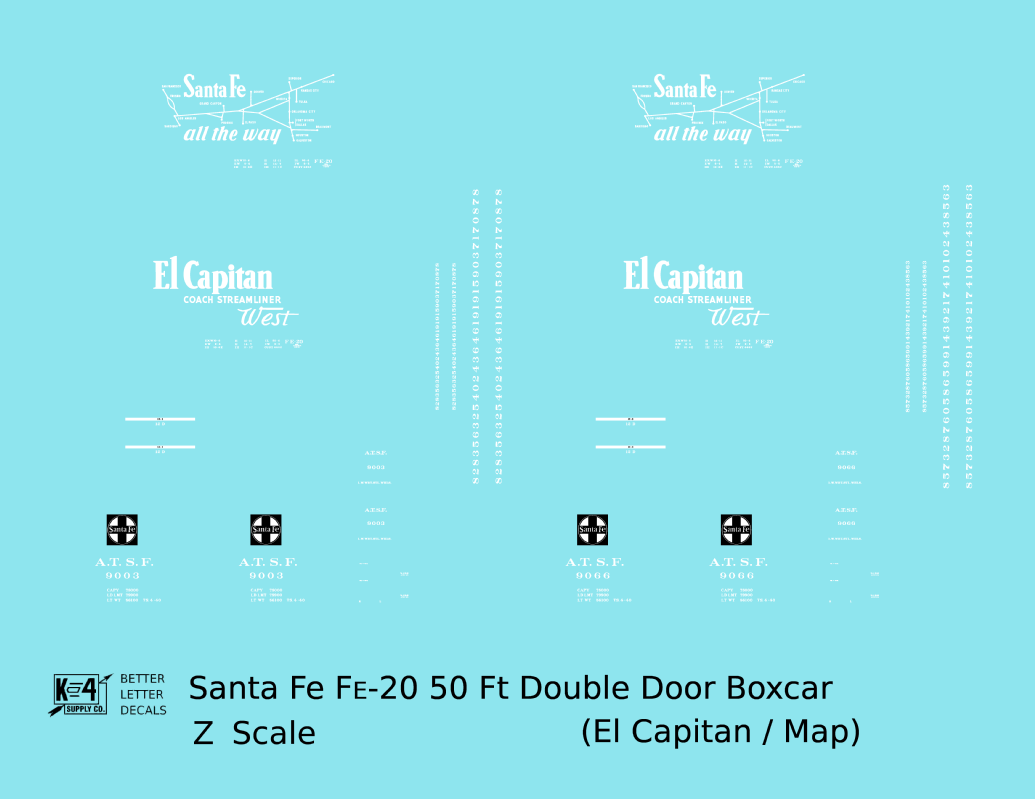Santa Fe 50 Ft Double Door Fe-20 Boxcar White El Capitan/Map - Decal - Choose Scale