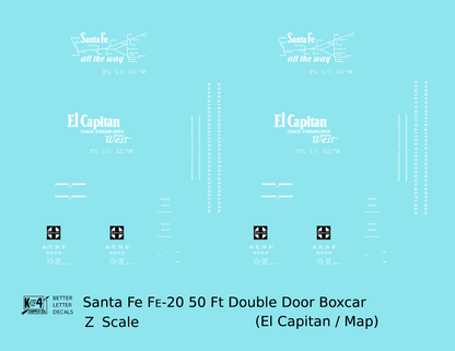 Santa Fe 50 Ft Double Door Fe-20 Boxcar White El Capitan/Map - Decal - Choose Scale