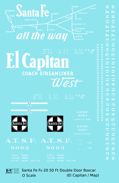 Santa Fe 50 Ft Double Door Fe-20 Boxcar White El Capitan/Map - Decal Sheet