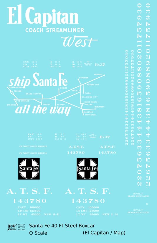 Santa Fe 40 Ft Single Door Boxcar White El Capitan/Map - Decal Sheet