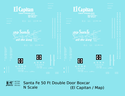 Santa Fe 50 Ft Double Door Boxcar White El Capitan/Map - Decal - Choose Scale