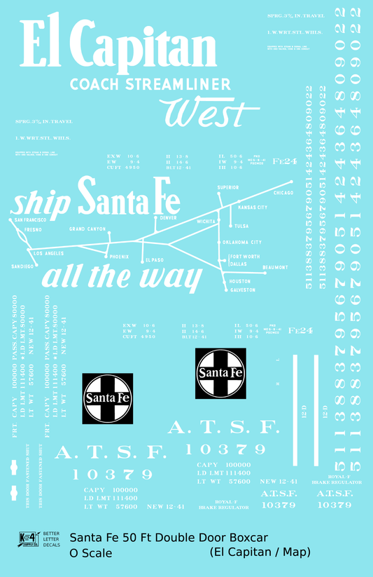 Santa Fe 50 Ft Double Door Boxcar White El Capitan/Map - Decal Sheet
