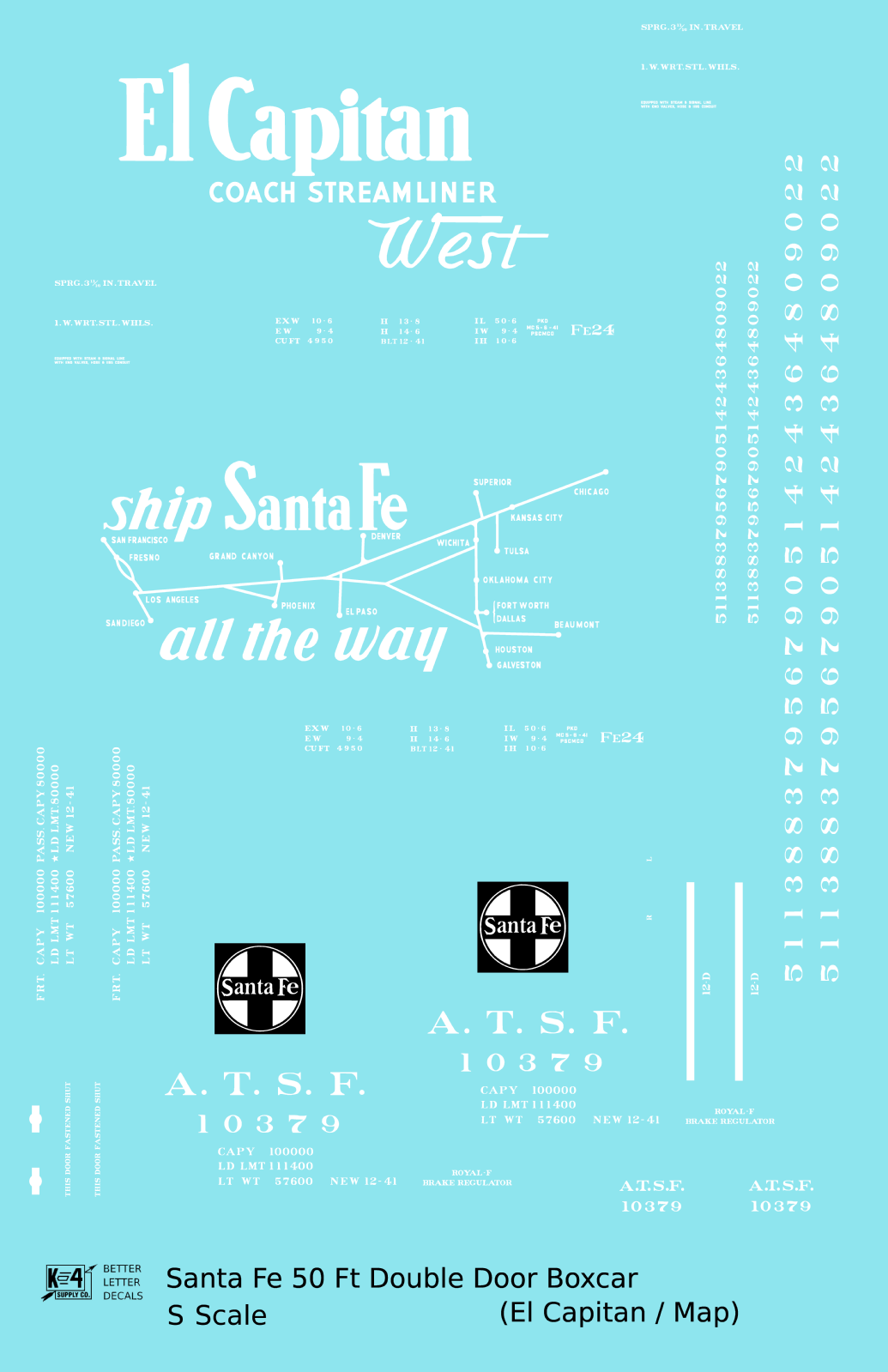 Santa Fe 50 Ft Double Door Boxcar White El Capitan/Map - Decal - Choose Scale