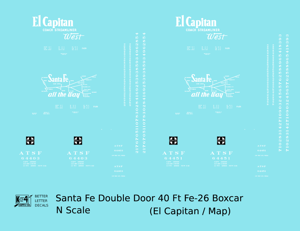 Santa Fe 40 Ft Double Door Fe-26 Boxcar White El Capitan/Map - Decal - Choose Scale