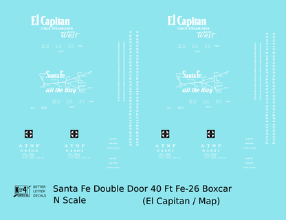 Santa Fe 40 Ft Double Door Fe-26 Boxcar White El Capitan/Map - Decal - Choose Scale