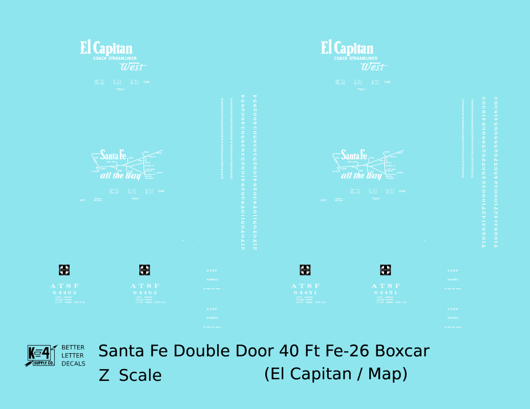 Santa Fe 40 Ft Double Door Fe-26 Boxcar White El Capitan/Map - Decal - Choose Scale