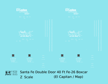 Santa Fe 40 Ft Double Door Fe-26 Boxcar White El Capitan/Map - Decal - Choose Scale