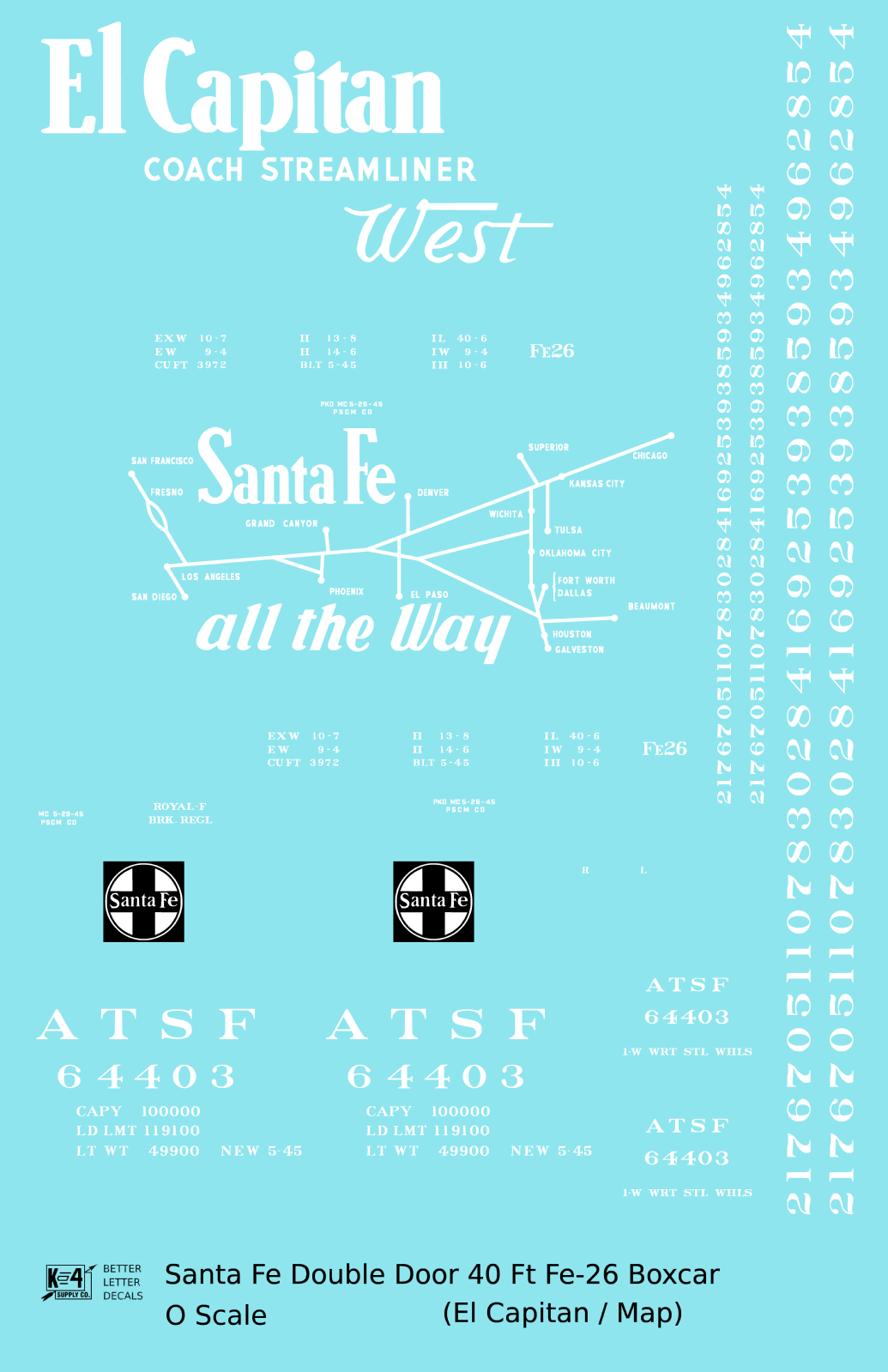 Santa Fe 40 Ft Double Door Fe-26 Boxcar White El Capitan/Map - Decal Sheet
